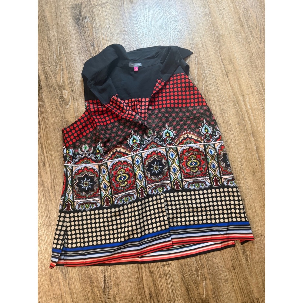 Vince Camuto Sleeveless Blouse 1X Rich Black Boho Mixed Print Top 9233114 NEW